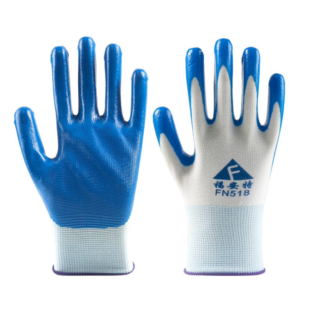 Guantes de nitrilo de 13 agujas con látex grueso resistente al desgaste para el sitio de construcción confortable transpiración guante de protección laboral azul blanco