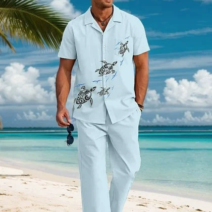 Amazon Independent Foreign Trade Новый повседневный дикий тренд мужской рубашки с короткими рукавами брюки набор с 3D-принтом