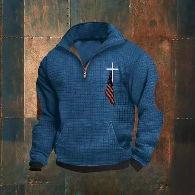 2023 Amazon men's casual fashion zipper collar waffle print sweater 2023 Amazon men's casual fashion zipper collar waffle print sweater