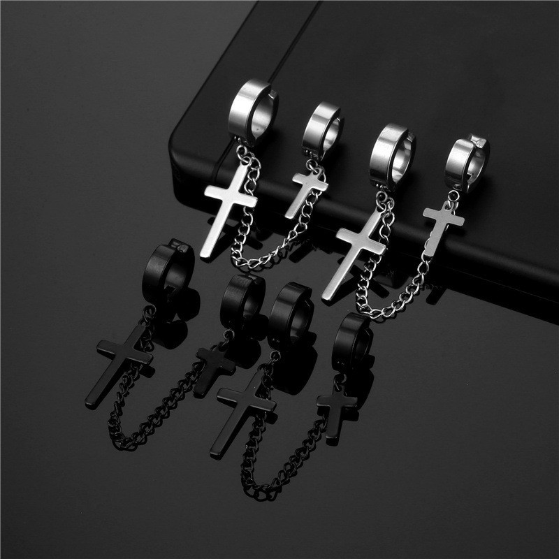 Trendy Men's Titanium Steel Cross Chain Earrings Women's Dark One-Piece Combination Without Piercing Ear Bone Clip Earrings Fashionable