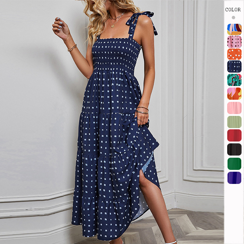 Self-Shot 2026 Amazon Wish Cross-Border Spring Sexy Backless Printed Vacation Style Spaghetti Strap Dress for Women