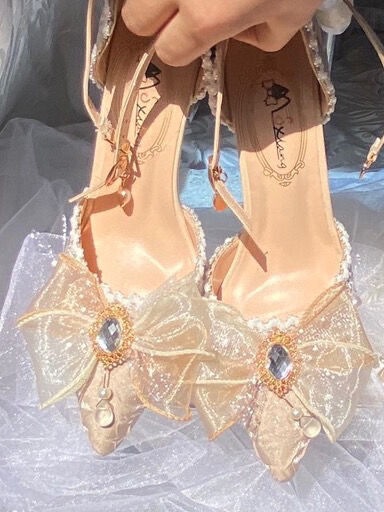 In-Stock Original Handmade Champagne-Colored Lolita Wedding High Heels, Elegant Lolita Court Pointed Wedding Shoes