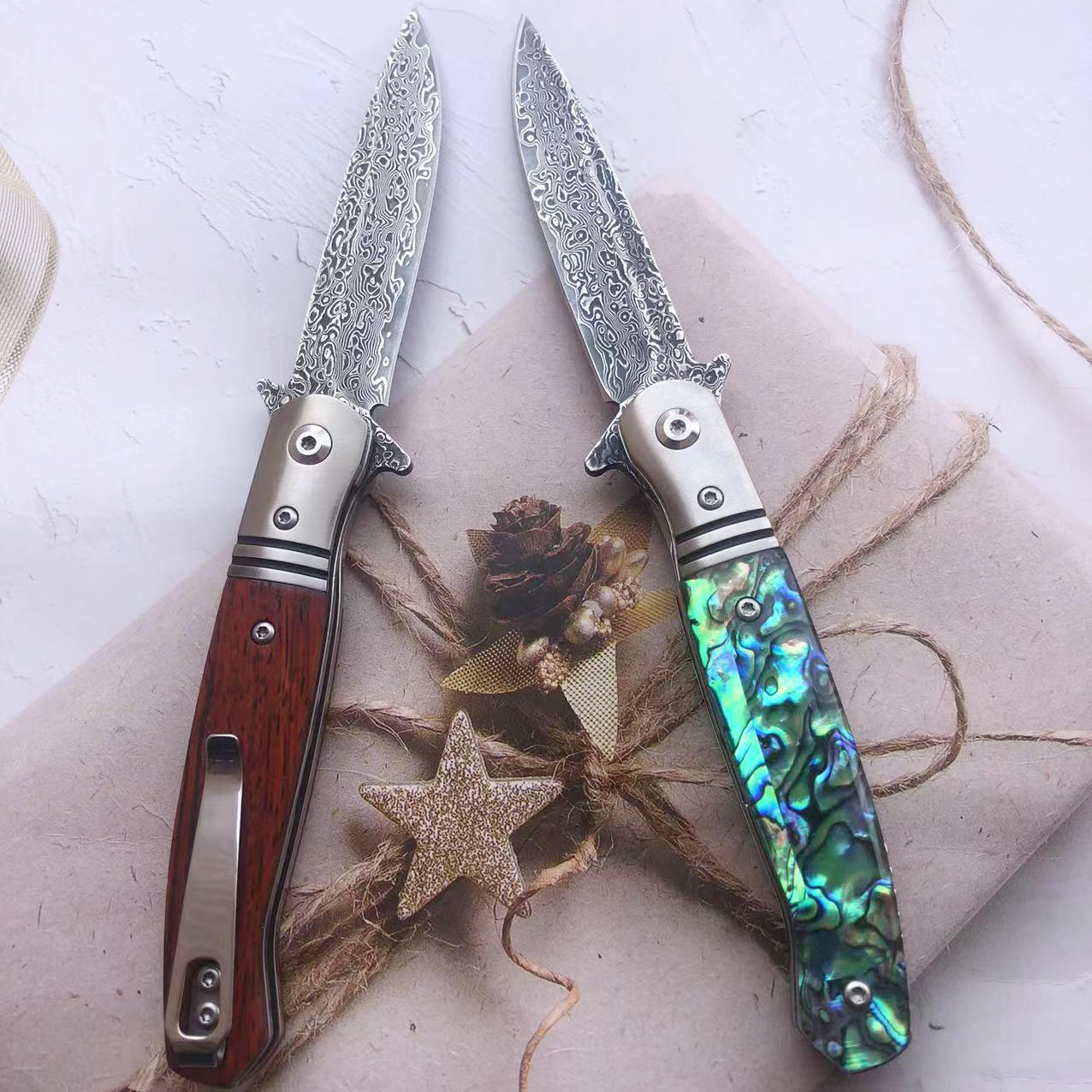 高档大马士革VG10小刀折叠刀钢口袋刀跨境批发随身小刀