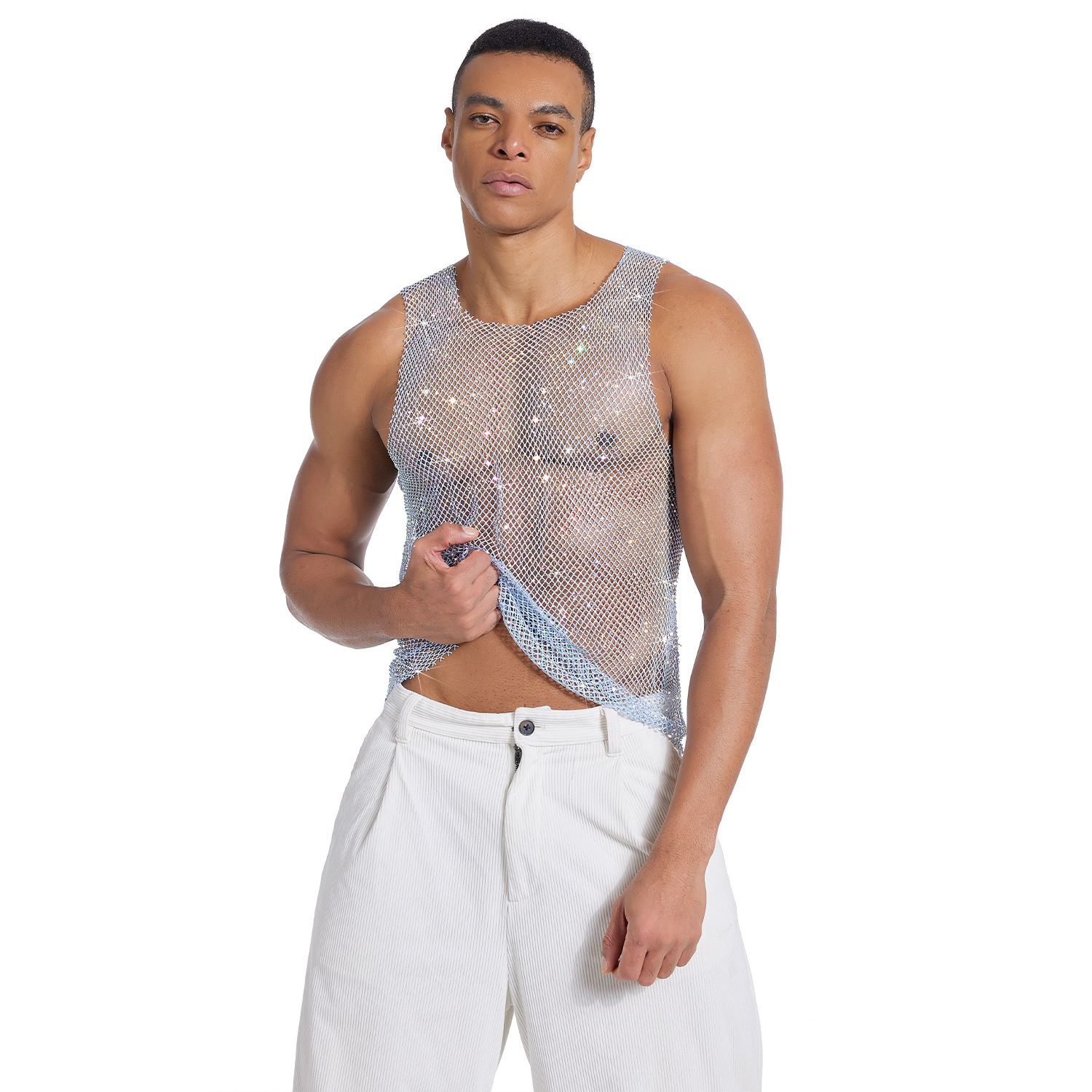 亚马逊欧美时尚男装网眼水钻性感渔网透视背心派对夜店闪钻上衣CC