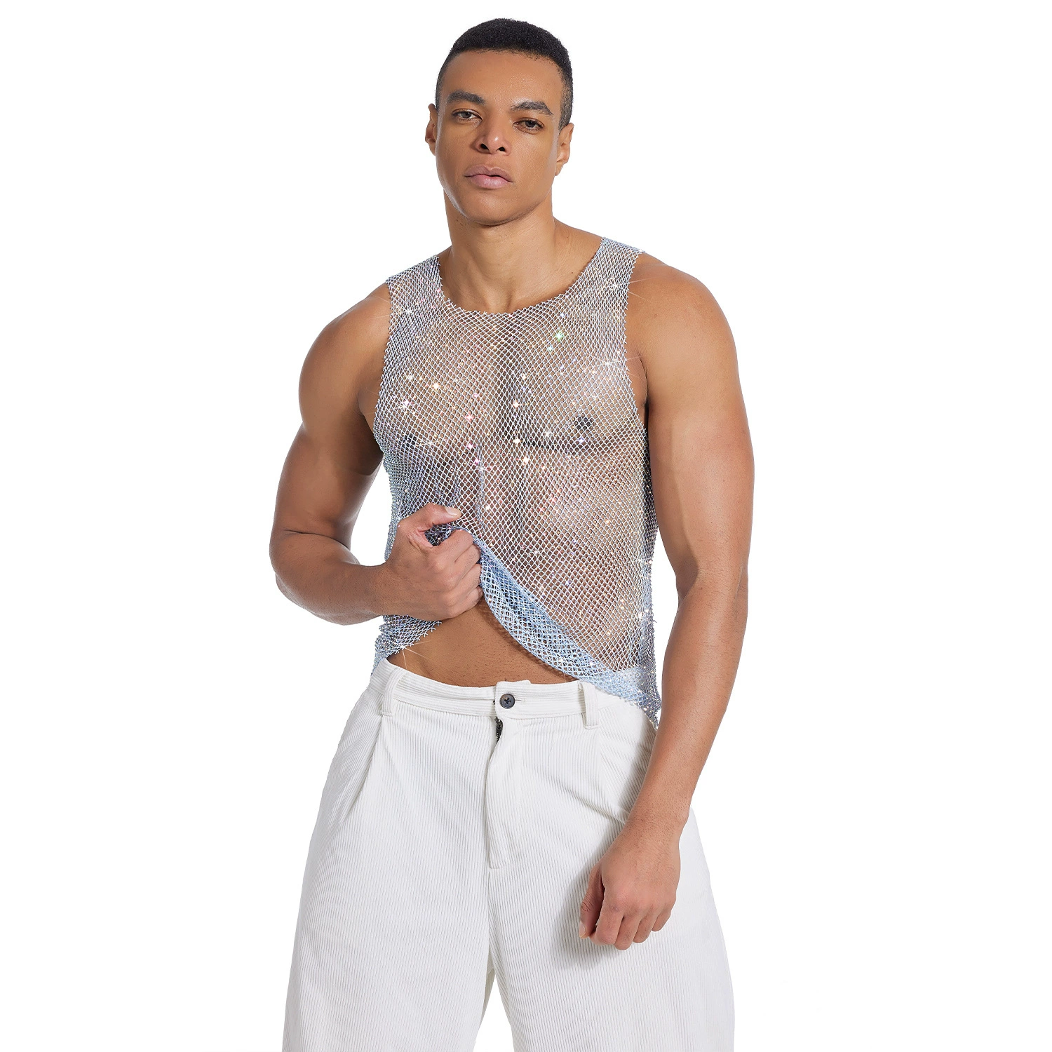 Amazon Европейская и американская мода, мужская сетка со стразами, сексуальный ажурный прозрачный жилет для вечеринки, ночного клуба, топ с бриллиантами CC