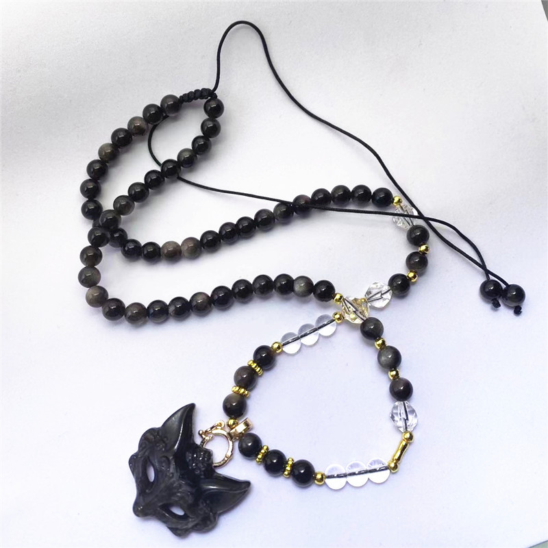 Natural Silver Obsidian Mask Pendant Necklace Crystal Fox Unisex_voghion.com