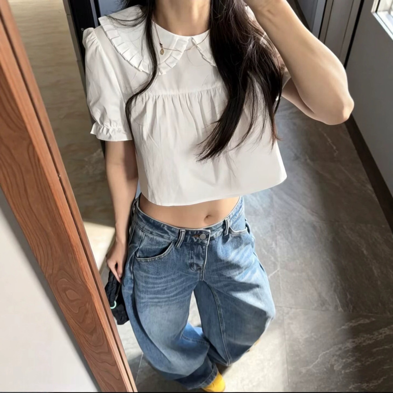 Sweet and Pure White Doll-Collar Short-Sleeved Top, New Summer Style, Youthful and Age-Reducing Crop Top