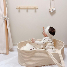 INS北歐風棉繩嬰兒床創意嬰兒手提籃 寶寶搖籃便攜帶式戶外睡籃床