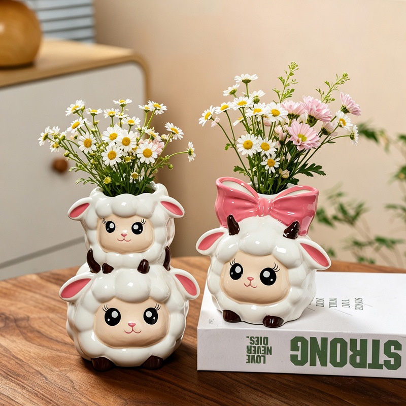 Creative cartoon lamb ceramic vase, cute pet sheep flower vessel, living room tabletop decoration, flower arrangement container, craft item Creative cartoon lamb ceramic vase, cute pet sheep flower vessel, living room tabletop decoration, flower arrangement container, craft item