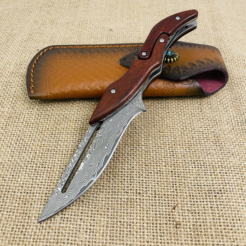 Cuchillo plegable portátil de alta dureza al aire libre con autodefensa Transfronterizo Damasco acero deformable maquinista afilado Cuchillo plegable