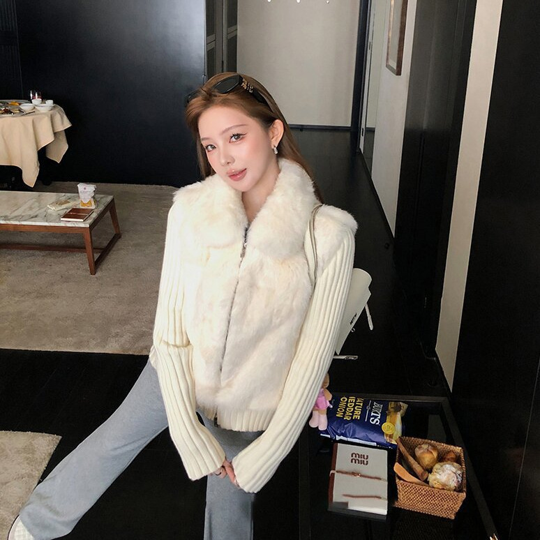 Rabbit Fur Outwear Women's Fur Integrated Knitted Sleeves Removable Vest 2025 New Style One-Piece Two-Wear