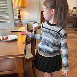 北疆狼女童渐变条纹长袖T恤2025春秋新款儿童打底短款儿童宝宝打