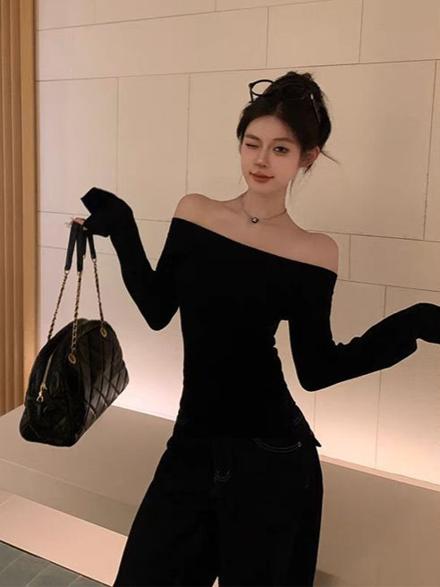灰色长袖斜肩针织打底衫女装春季内搭露肩毛衣chic甜辣妹修身上衣|undefined