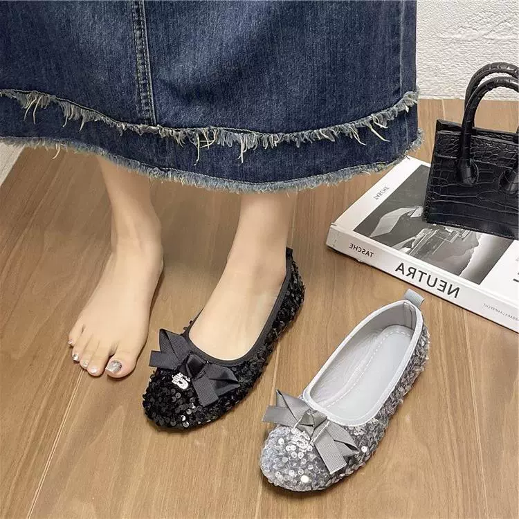 Мокасины на плоской подошве с бантом женские элегантные балетные туфли-лодочки с блестками и круглым носком