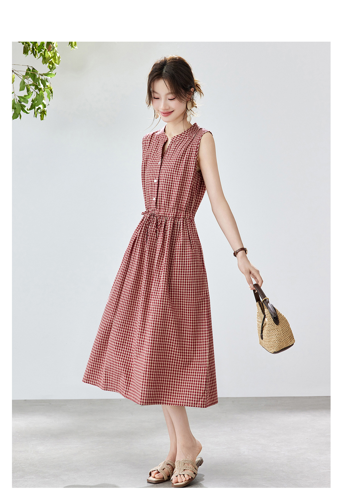 Đầm maxi nữ thắt eo cổ V rút dây, dáng chữ A trung niên mùa hè — Sọc Tây Tạng, Lưới đỏ, Sọc kaki chi tiết 14