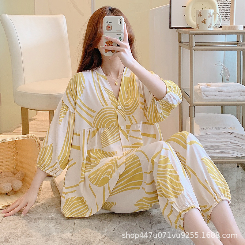 New cotton silk pajamas for women, spring, autumn, and summer long-sleeve set, loose fit, large size, new artificial cotton homewear for mothers New cotton silk pajamas for women, spring, autumn, and summer long-sleeve set, loose fit, large size, new artificial cotton homewear for mothers