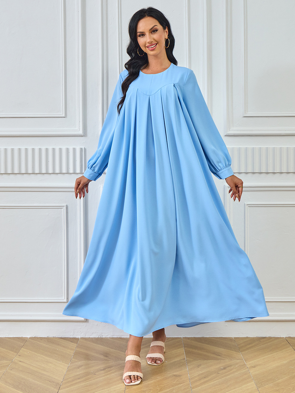 New Abaya Arab Cross-border Middle Eastern Muslim Robe Long-sleeved Solid Color Large Hem Dress Long Skirt Women's_ecoleips.com