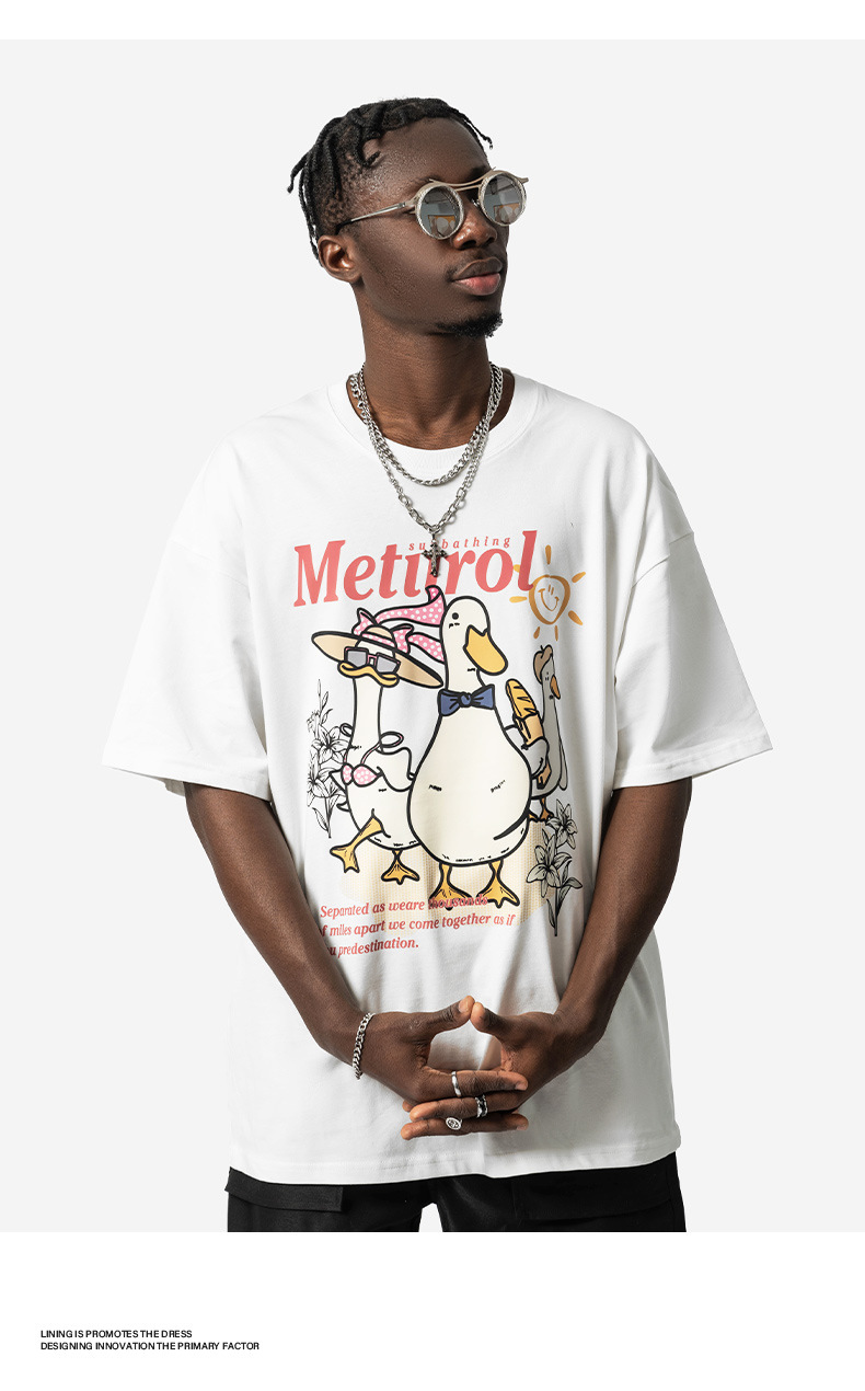 American Trendy Duck Print Kurzarm T-Shirt Herren Loose Oversize Trendy High Street Paar Vielseitiges T-Shirt_voghion.com