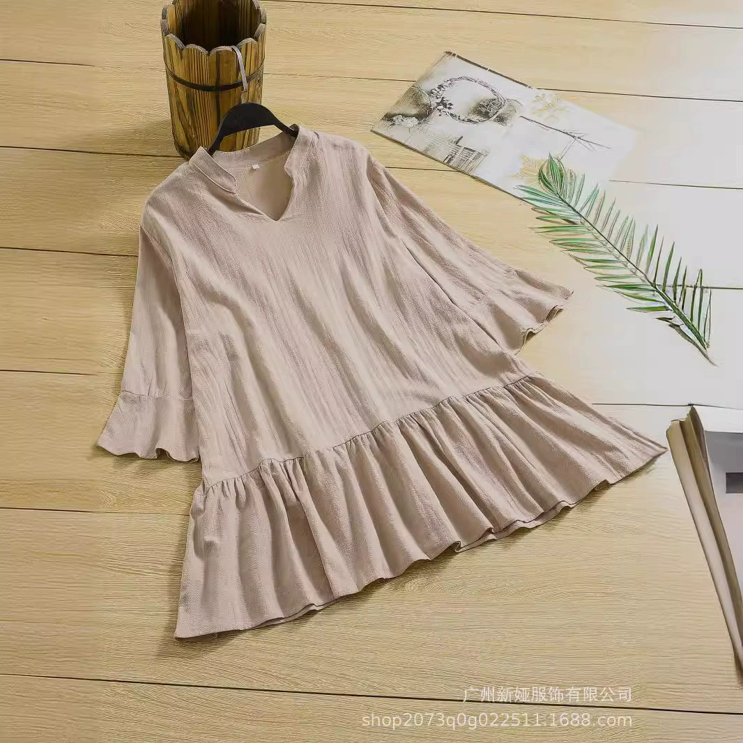 2024 осень новый трансграничный амазонка расклешенные рукава сплошной цвет V стоячий воротник городская повседневная рубашка с короткими рукавами