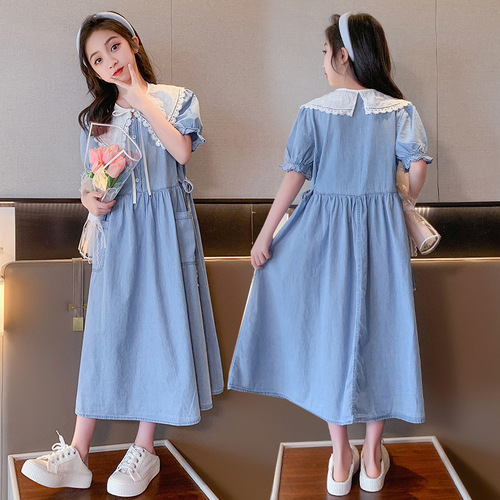 2024 Summer New Style Dress for Older Girls: Chic Denim Knee-Length Skirt Perfect for Students