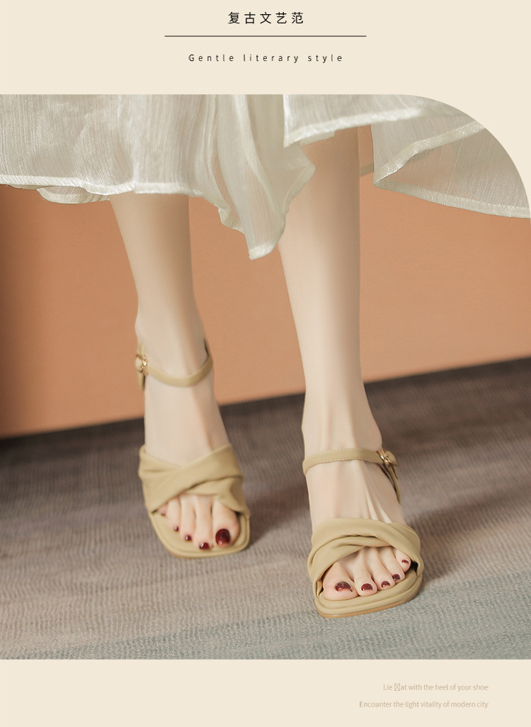 Sandal cao gót nữ quai ngang mũi vuông gót vuông kiểu Pháp — BL376 màu be chi tiết 15