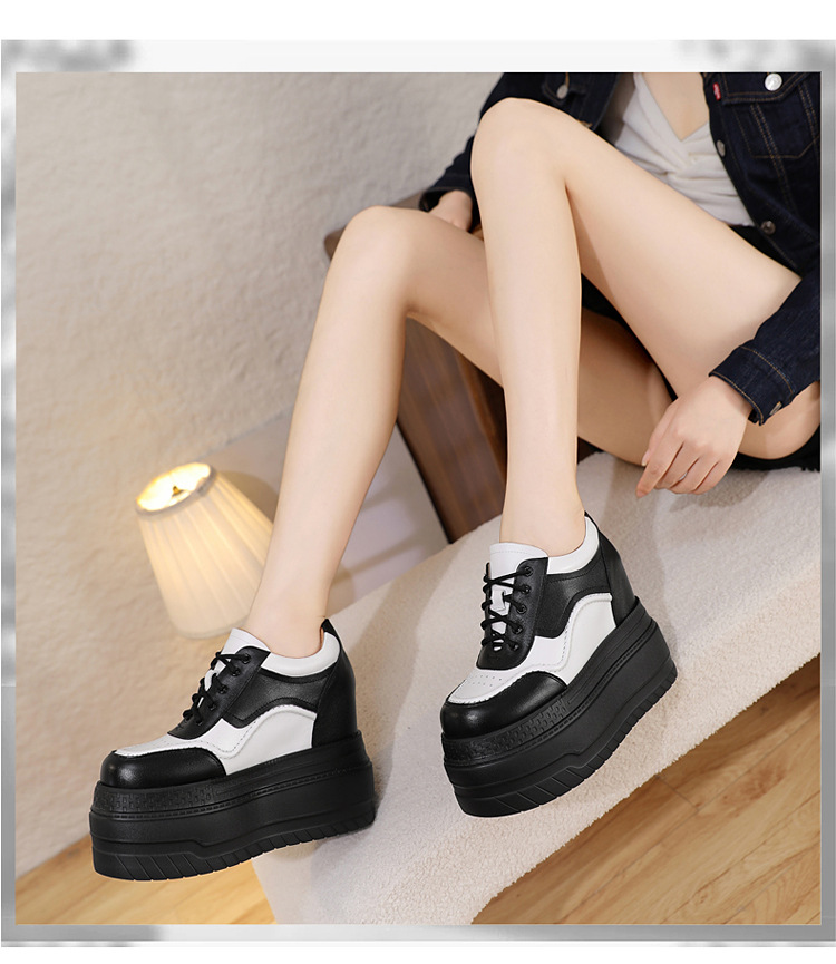 Giày trắng da thật tăng chiều cao 12cm, đế xuồng platform đa năng — Trắng đen-10 chi tiết 13