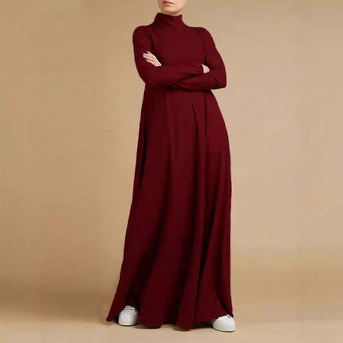 Factory Autumn Street Fashion Muslim Elegant Long Dress with Long Sleeves and High Collar