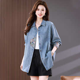 刺绣牛仔衬衫外套女春秋2025新款韩系洋气复古欧洲站大码衬衣潮