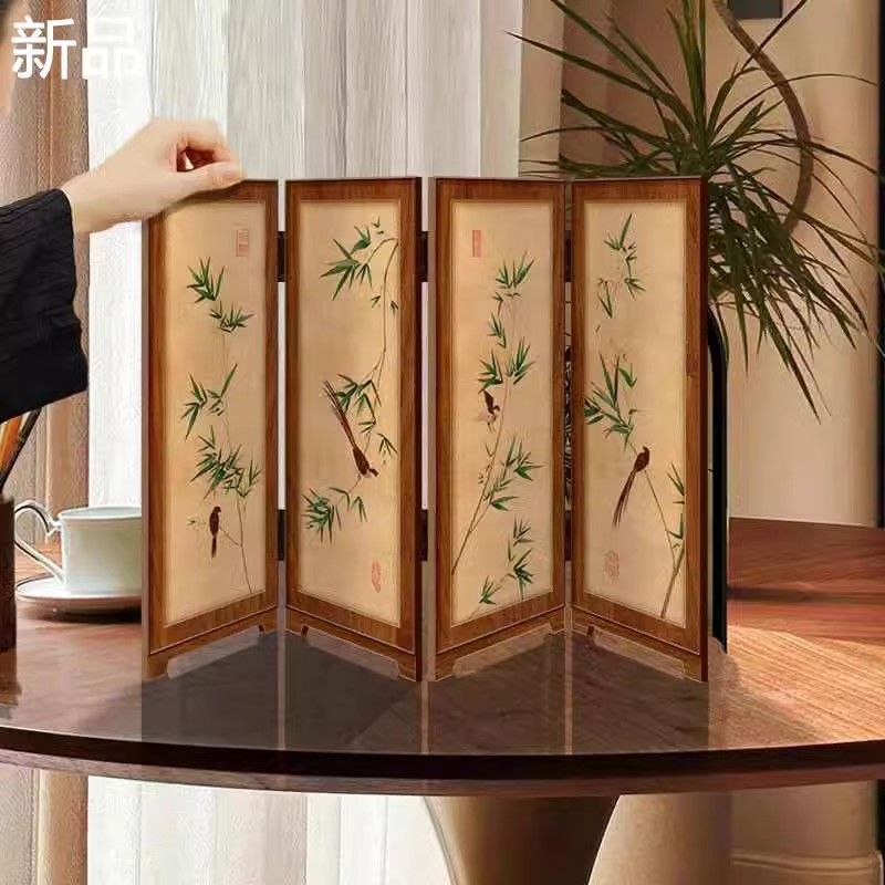 Green Bamboo Desktop Small Screen Ornaments New Chinese Style Tea Room Study Sideboard Table Painting Middle and Ancient Style Restaurant Decoration Painting