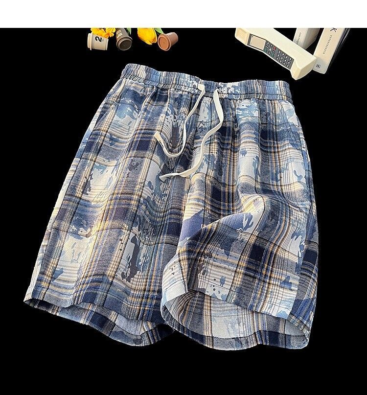 Men's And Women's Tie Dye Plaid High Waist Street Style Shorts Casual Retro Straight Five Point Beach Outerwear_viptrois.com