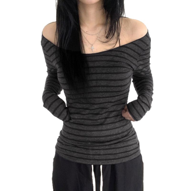 Cross-Border In-Stock Korean Retro Striped Long-Sleeve T-Shirt for Women Early Autumn Sexy Backless Base Top Unique Cross-Border In-Stock Korean Retro Striped Long-Sleeve T-Shirt for Women Early Autumn Sexy Backless Base Top Unique