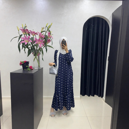 Cross-border Muslim-style crew neck belt bubble sleeve with pocket polka dot dress