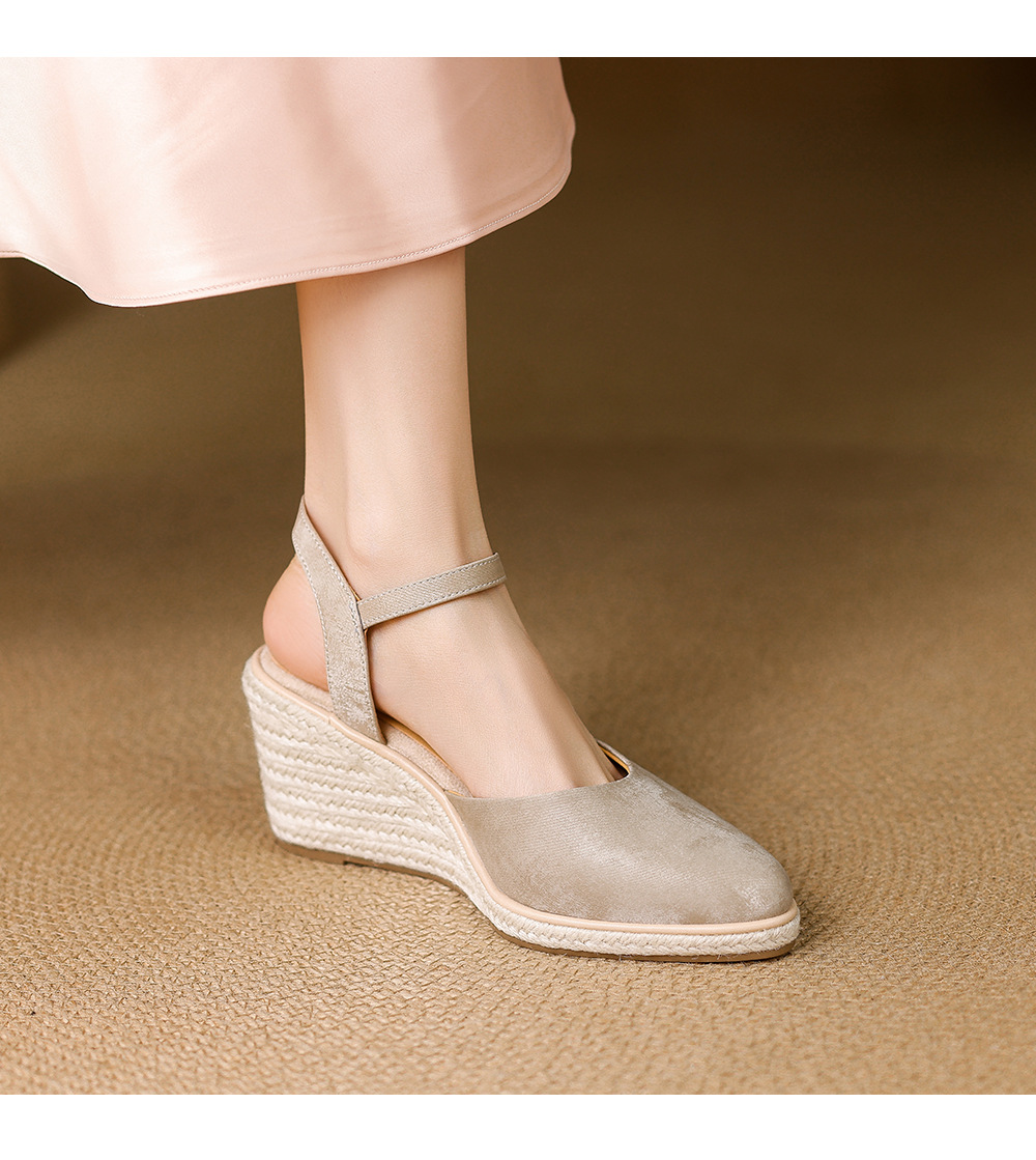 Sandal cao gót nữ phong cách Tân Trung Hoa, mũi kín quai ngang, đế xuồng bện rơm, gót 7 cm — xanh lá cây, màu mơ chi tiết 6