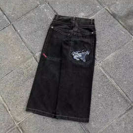 街头服饰JeansY2K原宿嘻哈卡通刺绣黑色宽松的牛仔裤男士宽裤子