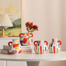 手绘简约现代彩色陶瓷装饰干花鲜花水培花瓶客厅桌面插花家居摆件
