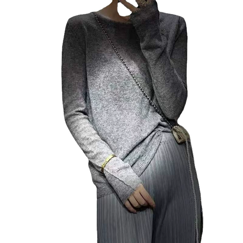 Woolen knitted winter sweater with a round collar