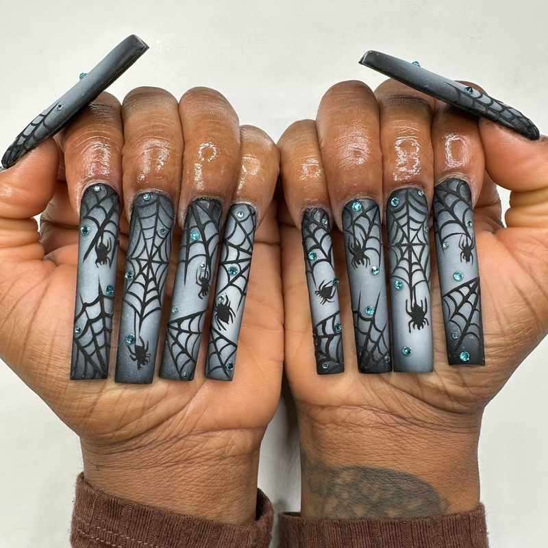 Halloween Popular Wearable Nails Black and White Painted Spider Web Nail Patches Cross-Border Fake Nails