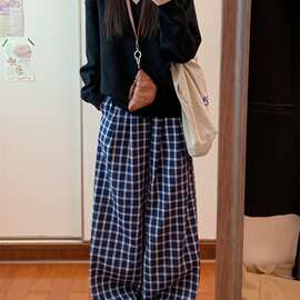 格子裤女夏季新款高腰直筒裤休闲小个子宽松薄款垂感阔腿裤子冰丝