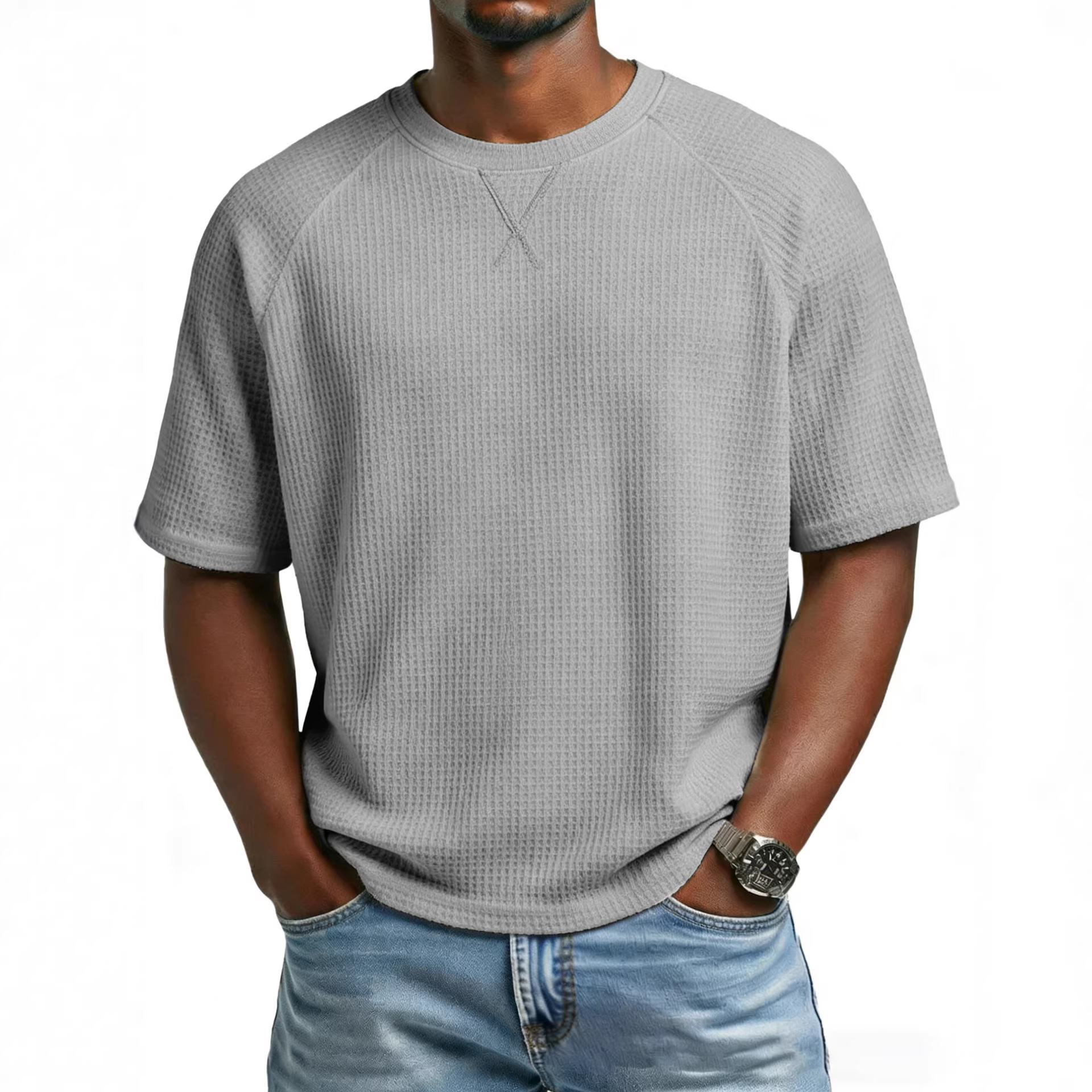 Europa y los Estados Unidos primavera y verano estación independiente transfronteriza hombre waffle de punto de manga de hombro cuello redondo TK manga corta camiseta de comercio exterior de hombre