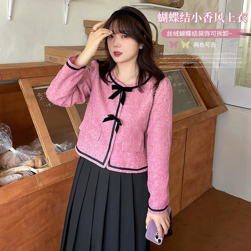 Осень Новый плюс размер женщин 200 кг пухлые девушки лук плечо небольшой ароматный ветер пальто 320564