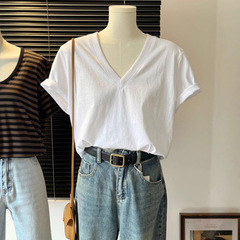 ヨーロッパ綿 V ネック半袖 T シャツ女性のための 2025 新しい夏のニッチデザイン西洋スタイルユニークでシックなトップ服