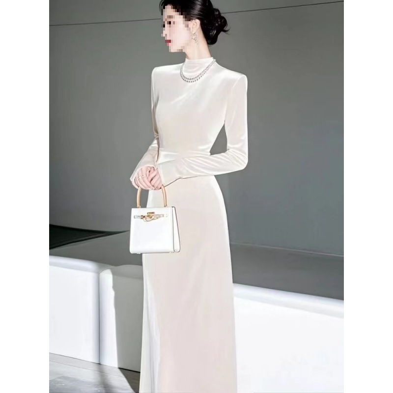 French-Style White Velvet Half-High Collar Dress for Women, Early Spring Formal Occasion Gown, Long Dress