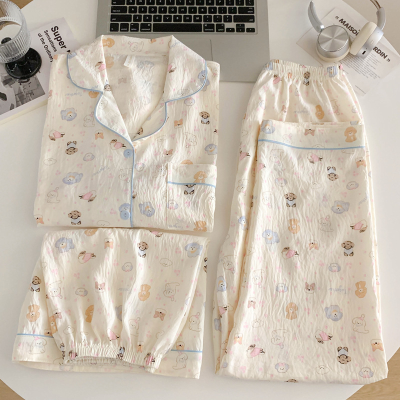 Japanese-Style Internet Celebrity Puppy Cloud Pure Cotton Gauze Pajamas for Women, Spring and Summer Short-Sleeved Cardigan with Lapel, Three-Piece Loungewear Set