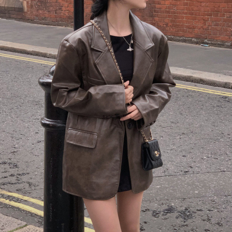 in stock South Korea chic autumn new arrival brown american style retro elegant suit pu leather coat women in stock South Korea chic autumn new arrival brown american style retro elegant suit pu leather coat women