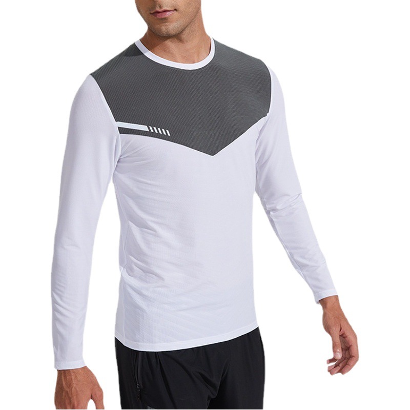 Nuevo color casual a juego de manga larga ropa de secado rápido para hombres transpirable reflectante raya deportes sudor absorbente cuello redondo correr ropa de entrenamiento camiseta