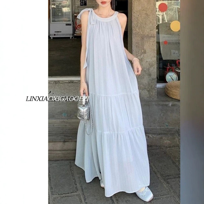 175cm Tall Women's Stylish Sleeveless Halter Neck Dress, Spring and Summer Extended Version, Lazy Style, Flattering and Versatile Long Dress