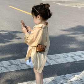 韩版童装2023夏季新款女童防晒衬衫外套吊带背心牛仔短裤三件套