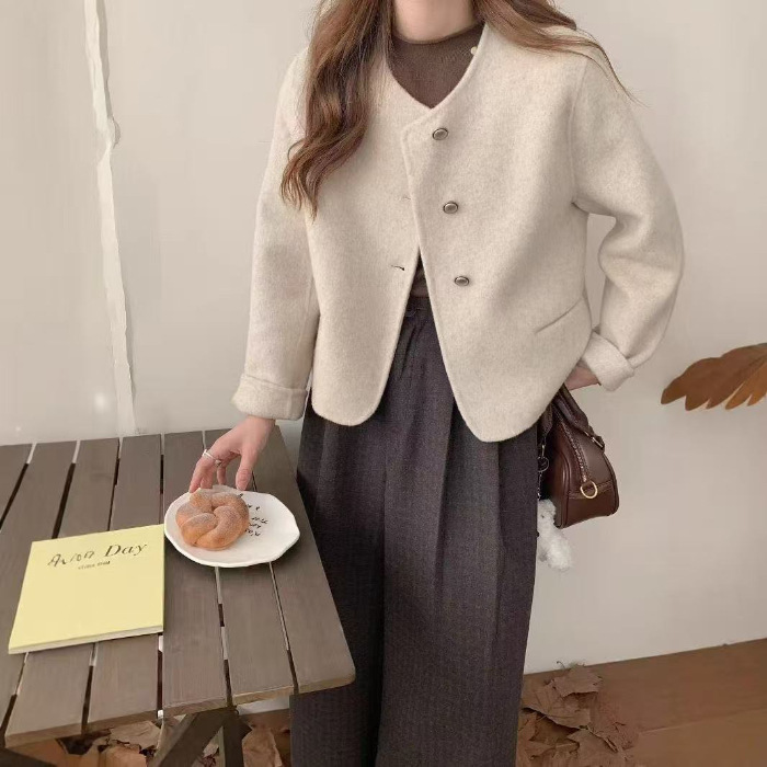 2025年秋季新款小香风双面毛呢外套女高级感气质韩版圆领呢子上衣|undefined