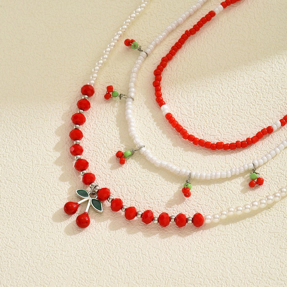 Fashion New Beautiful Cherry Set Multi-Layer Stacking Design Summer Fresh Rice Bead Chain Accessory_voghion.com