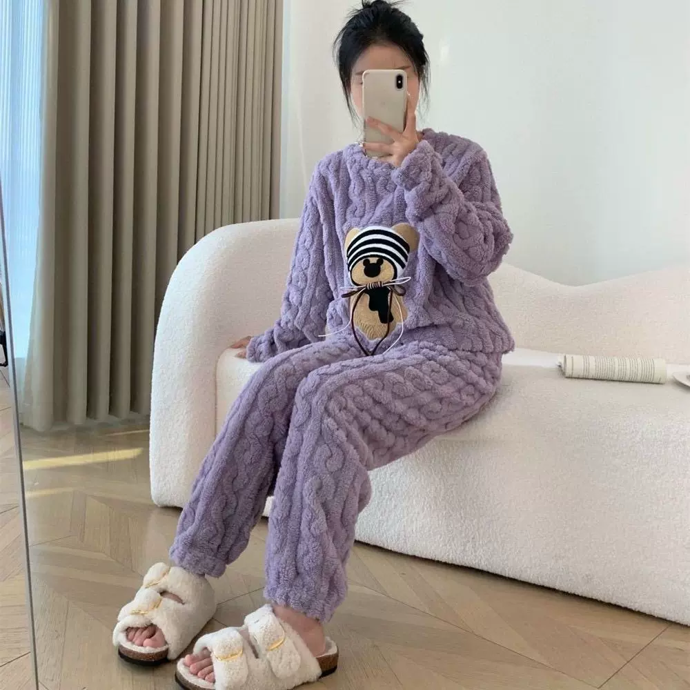 秋冬新款珊瑚绒法兰绒卡通可爱熊时尚长款家居服睡衣长袖长裤套装